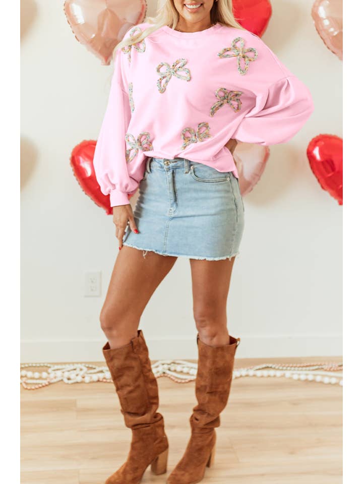 PRETTY BASH - Wholesale Sweatshirt - Women's - Bow Embroidered Lantern Sleeve Sweatshirt
