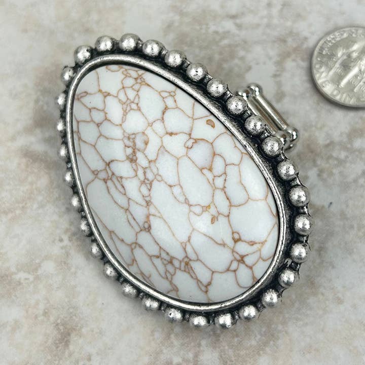 RGY230225-02-WHITE Large Silver oval with white stone stretch Ring for wholesale by Western Elite Jewelry