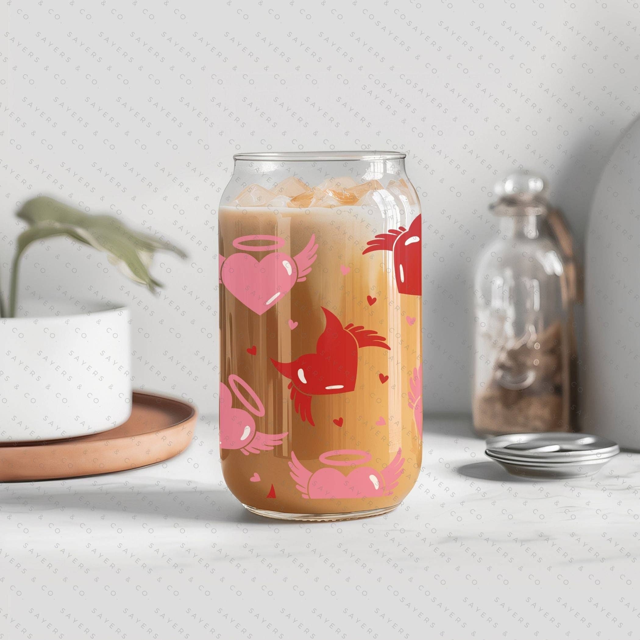 Sayers & Co. - Wholesale Drinking Glass/Cup - 16oz Valentine's Day Angel and Devil Hearts Glass Cup with Bamboo Lid & Straw #1000897