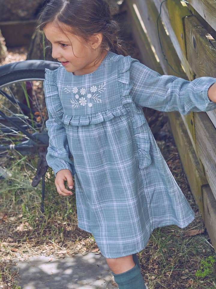 Green Girl's Dress with White Plaid with Ruffle and Embroidery for wholesale by Dadati