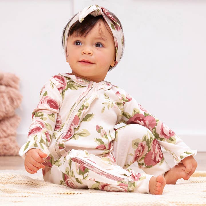 Baby Girl's Cabbage Rose Cotton Zippered Romper for wholesale by Tesa Babe