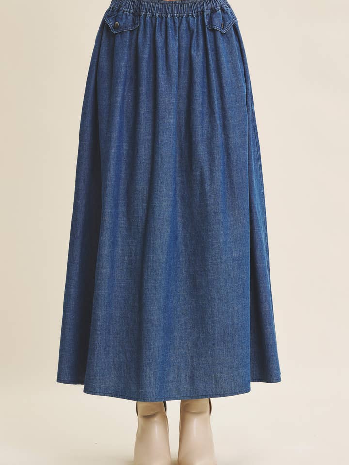 UOMTVISTELIG BÆRBAR VASKET DENIM FLARE MIDI NEDERDEL for engroshandel hos in february