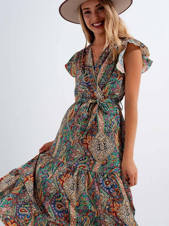 Verde Abito midaxi vestito con orlo volant in stampa paisley verde in vendita all'ingrosso su Faire2