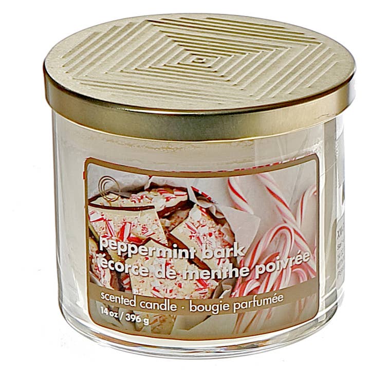 CANDELA IN BARATTOLO DA 14 OZ A 3 STOPPI CON COPERCHIO IN METALLO (PEPPERMINT BARK) per la vendita all'ingrosso da parte di IH Casa Decor
