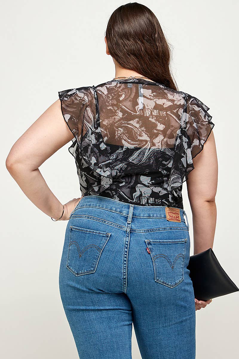 Haute Fox Plus Size & Contemporary - Wholesale Bodysuit - Women's - Plus Size Women's Marble Print Mesh Bodysuit WG17497-3BS7