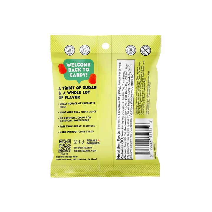 TiDBiTS Candy – Engroshandel Vingummi – 12-pak Sure Vandmelon Gummislik, Lavt Sukker, Præbiotisk, Vegansk1