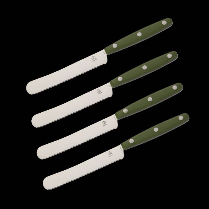 4-delige set PUMA botermessen met gekarteld lemmet en olijfgroene ABS handgreep voor wholesale door Ed Mahony