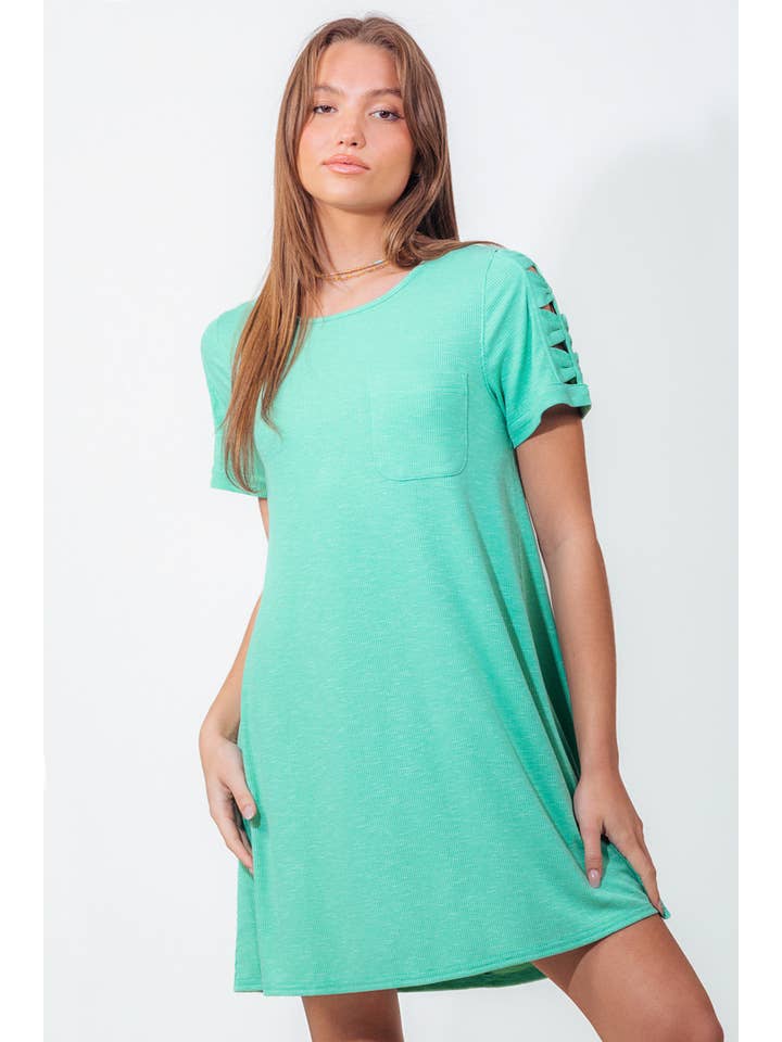 VERY J - Wholesale Dress - Women's - ND30836-Ruched Cutout Sleeve Tee Dress9