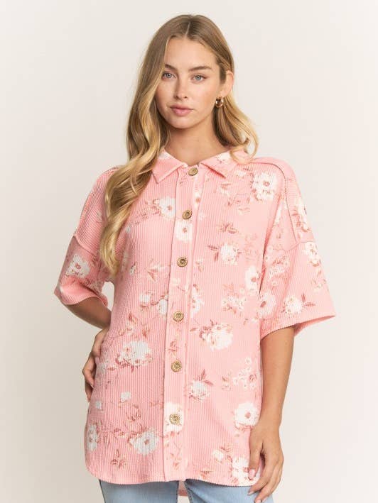 Haut côtelé urbain à fleurs avec col boutonné T4080HE15PL-Plus pour la vente par Sunday Morning