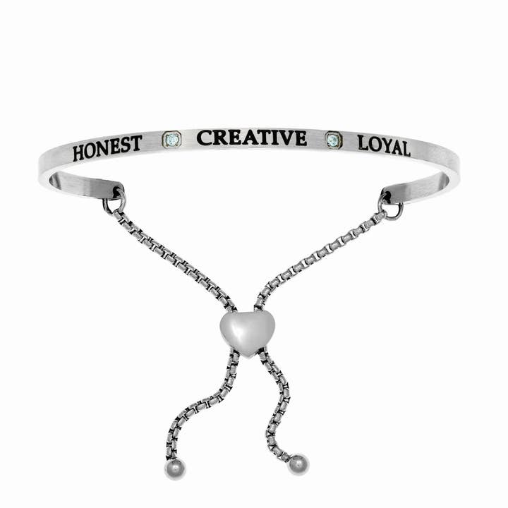 Stainless Steel with White Finish 3.6mm Shiny Honest, Creative, Loyal March Aqua Cubic Zirconia Birthstone Bangle with Slide Clasp for wholesale by The Diamond Deal