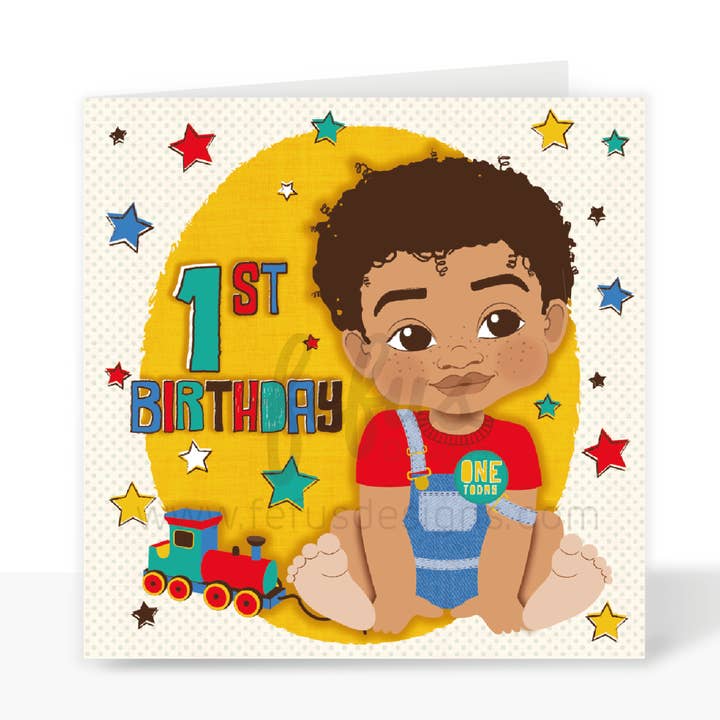 Erster Geburtstag - Geburtstagskarte für Jungen gemischter Herkunft | Fefus Designs für den Großhandel von Fefus Designs