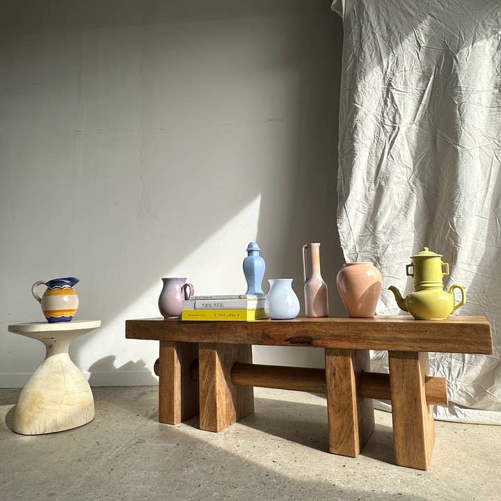 Office Objets - Wholesale Bench - Solid wood bench with openwork base crossed by a cylinder - Mango wood12