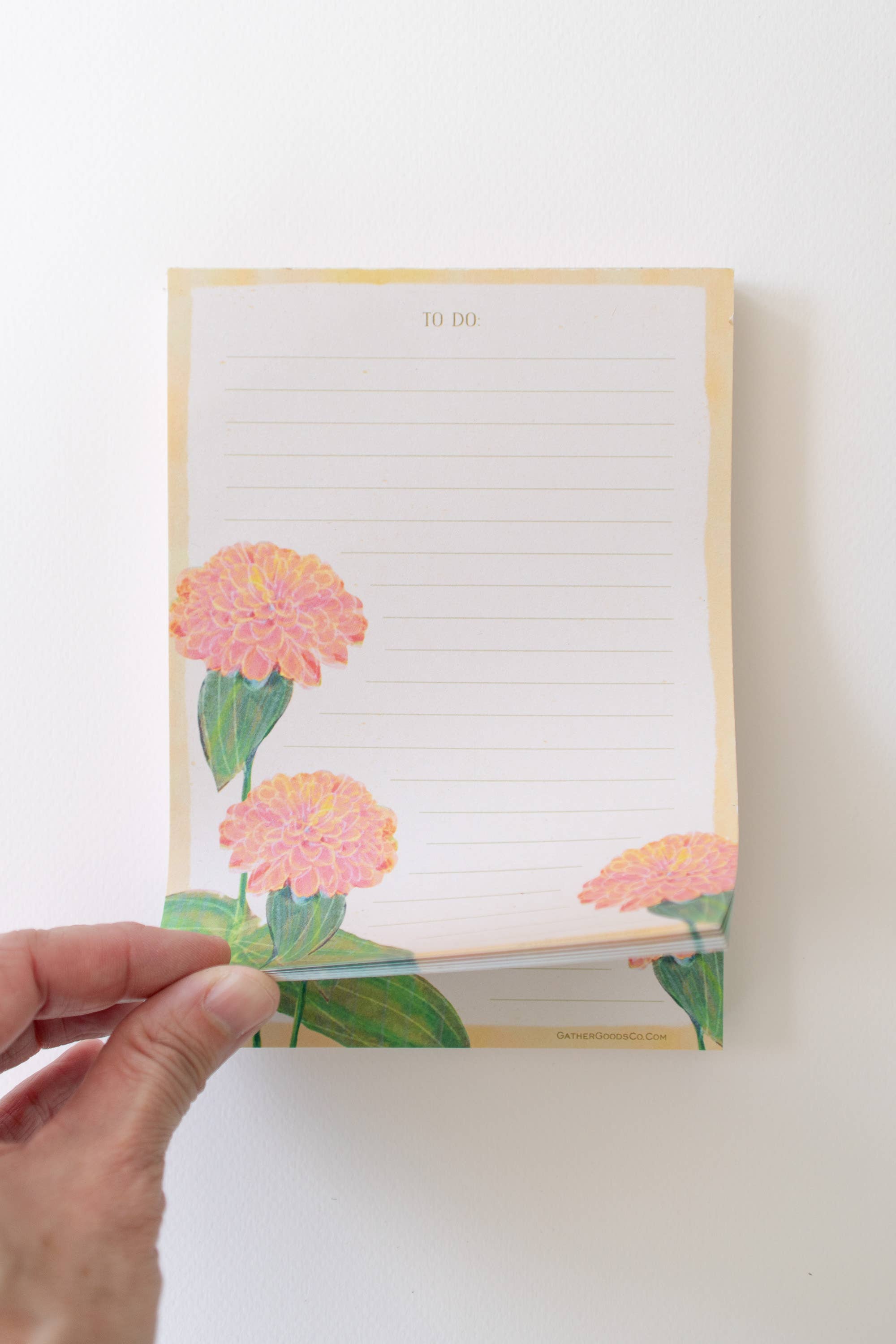Gather Goods Co - Cards, Coasters, Tea Towels, Art, Mugs - Wholesale Notepad - Flowers Notepad, To-Do List, Orange Zinnias1