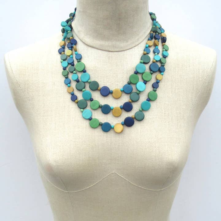Katie and Company - Wholesale Beaded/Pearl Necklace - Livia blue and green wood bead necklace
