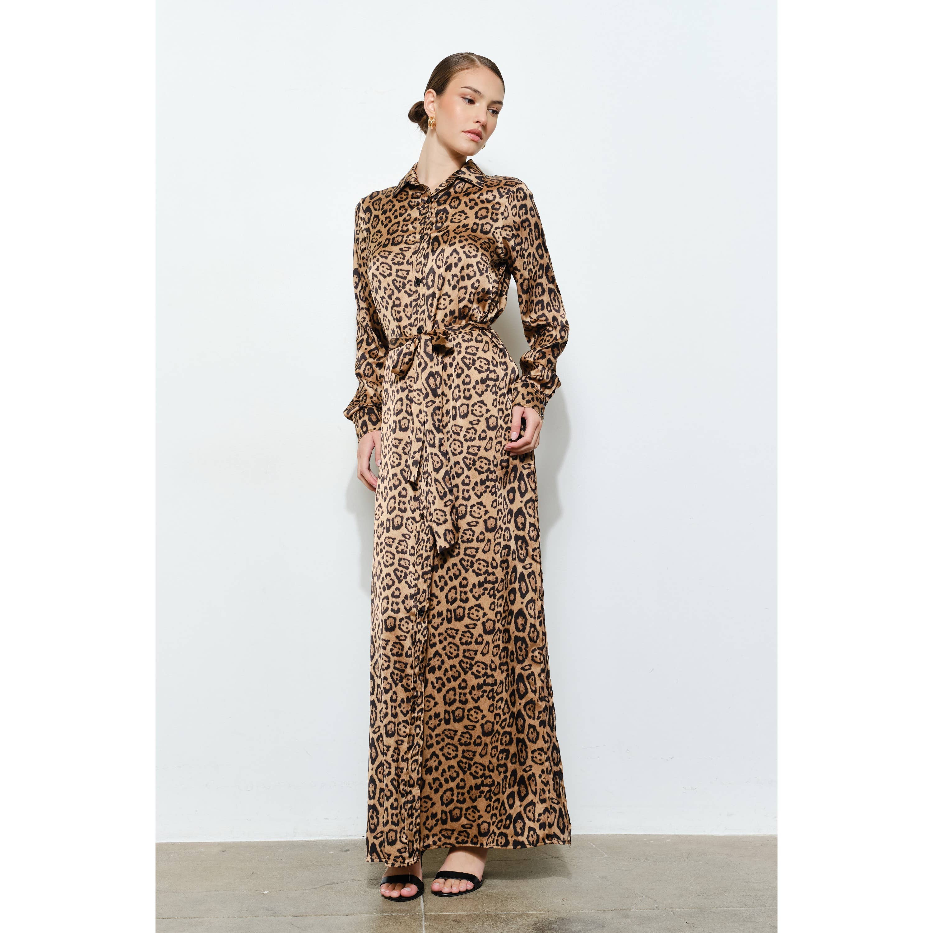 Chic Leopard Print Satin Waist Tie Slit Maxi Dress for wholesale on Faire7