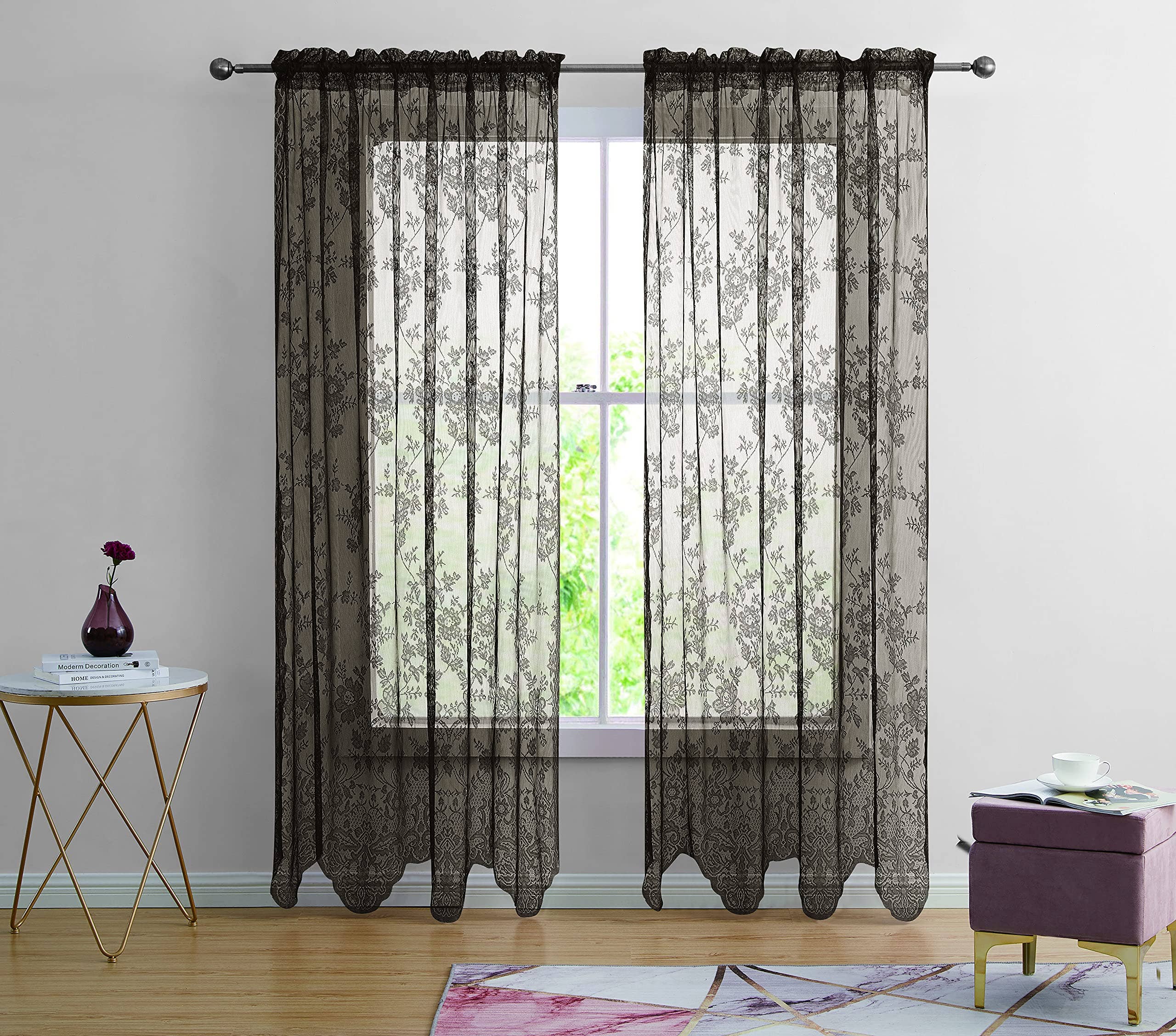 Jenin Home Furnishing Inc - Wholesale Curtain - 2pc Alison Sheer Flower Floral Lace Rod Pocket Curtain Panel14