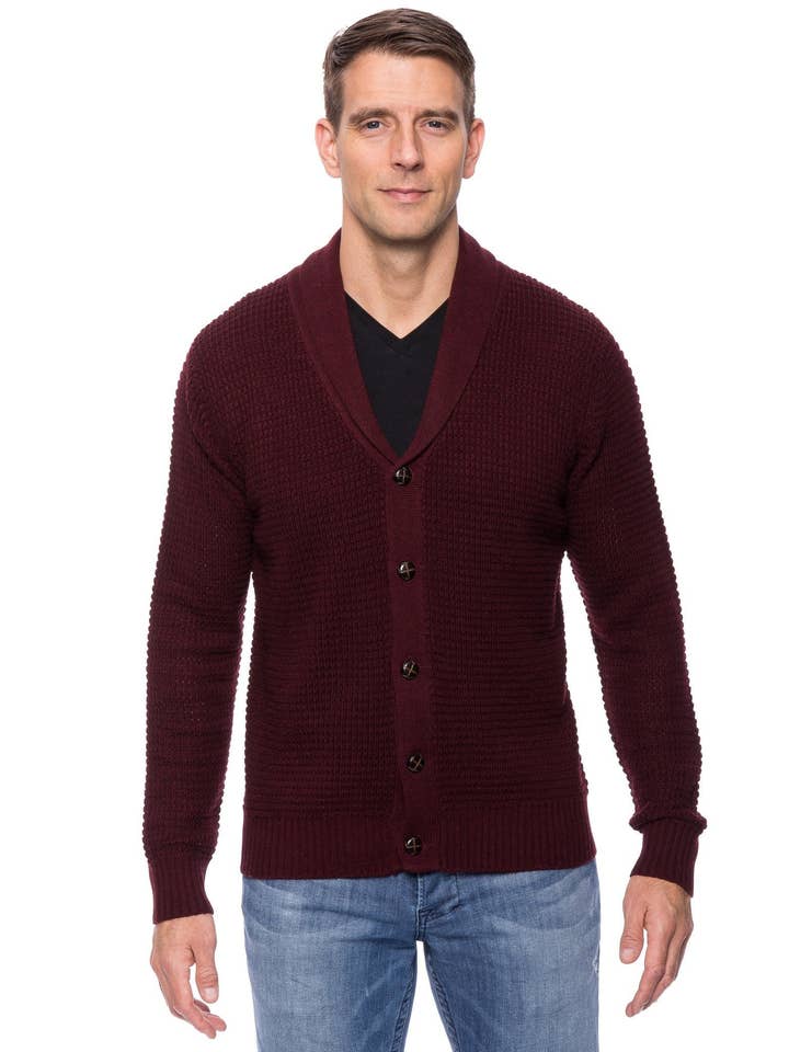 Cardigan à col châle en laine mélangée au point gaufré - Bordeaux pour la vente par Tocco Reale