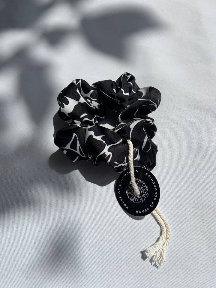 Scrunchie - Black/White Flowers - Recycled for wholesale by House of Scrunchies