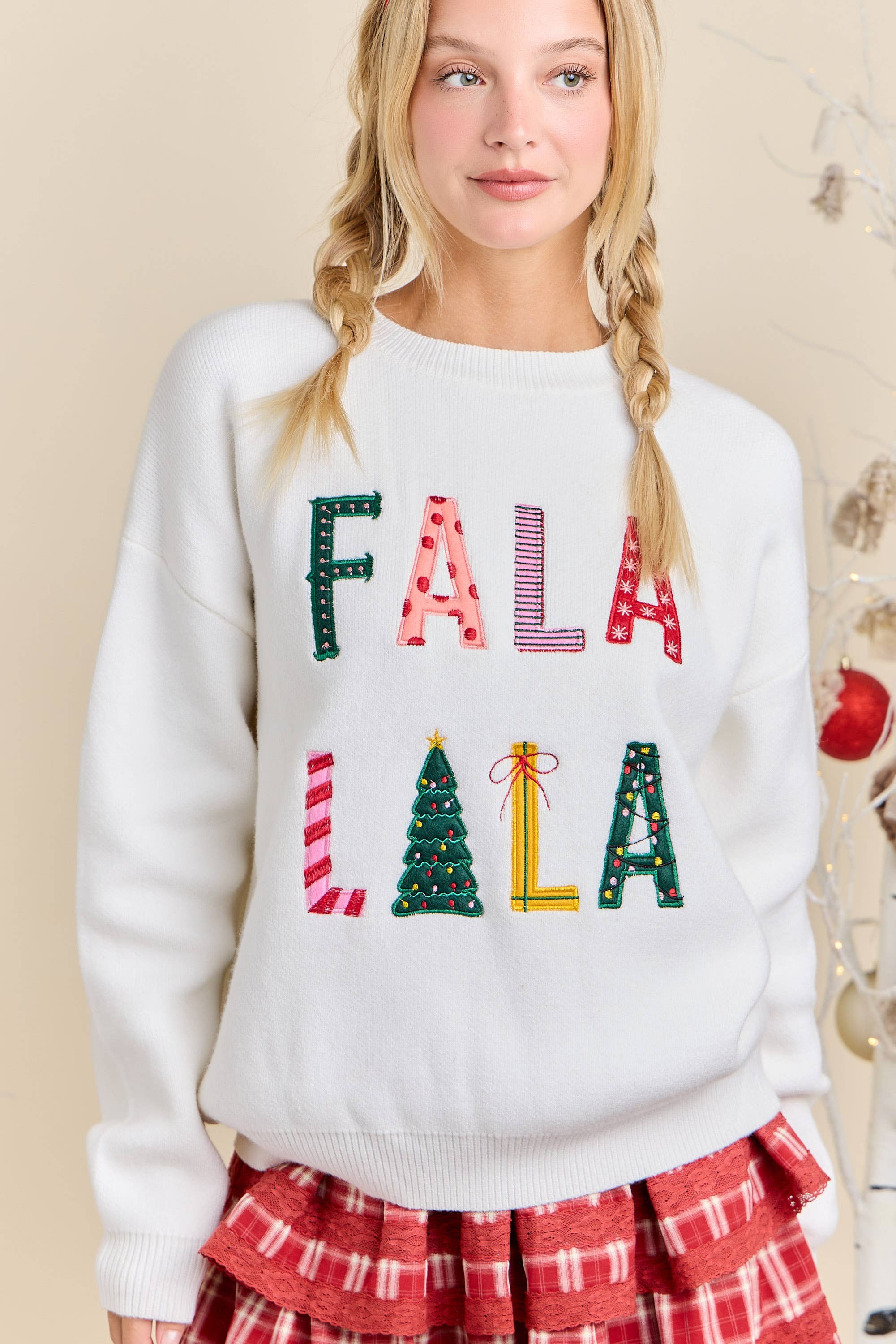 WHITE Fa La La La Christmas Knit Sweater Ready to Ship Holiday 🎵 for wholesale on Faire5