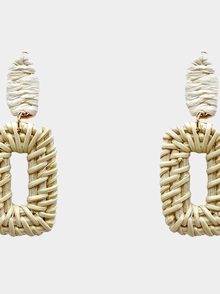 BOUCLE D'OREILLE RECTANGULAIRE EN ROTIN AVEC RAPHIA HFE-0094 pour la vente par anbfashion
