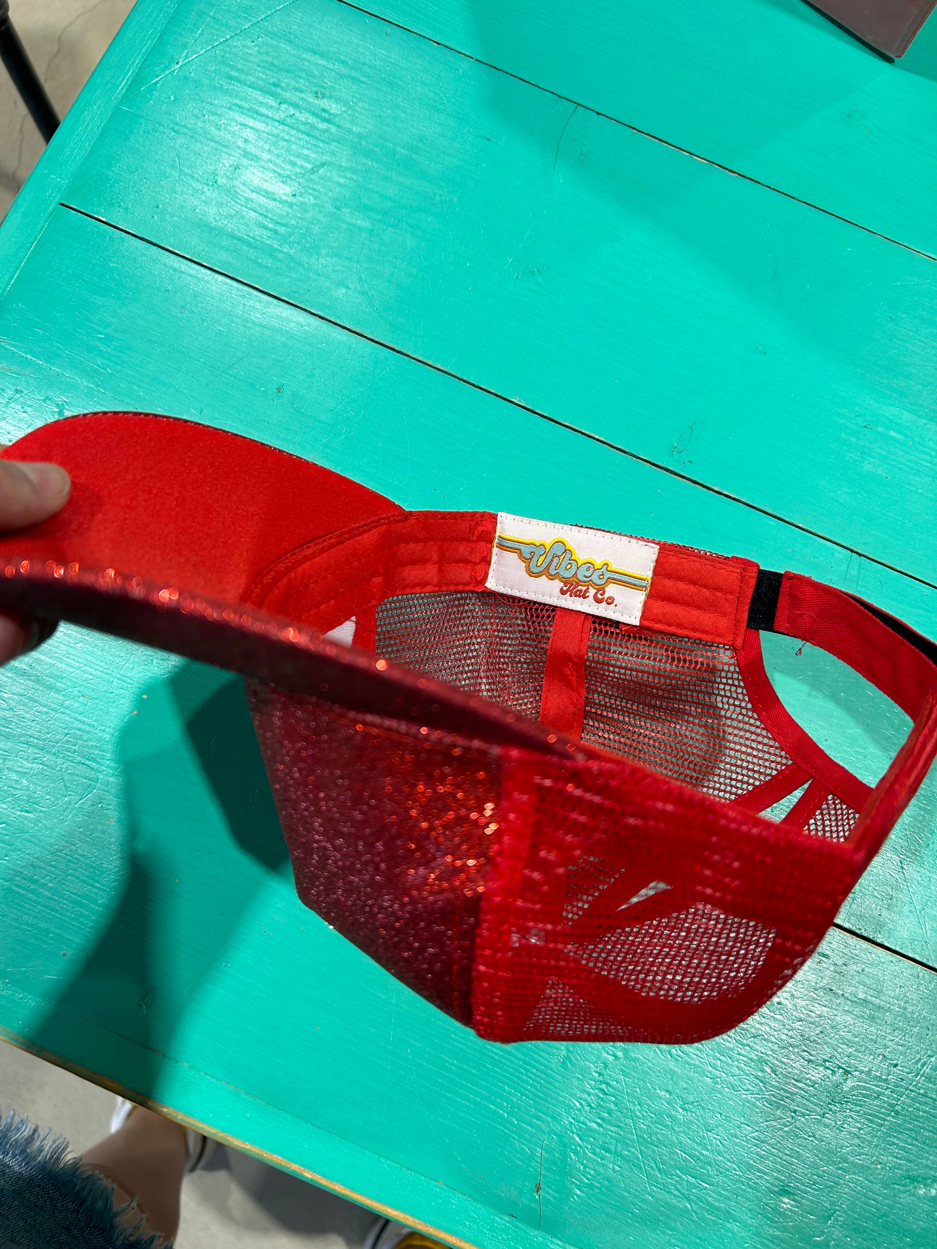 Vibes Red Glitter Ponytail Caps  | Sparkle | Baseball Cap for wholesale on Faire2