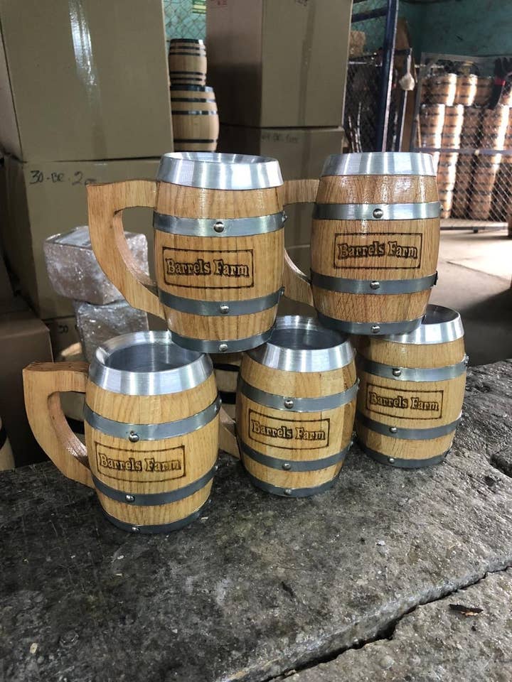 Oak barrel shaped drinking mug for wholesale by Barrels Farm