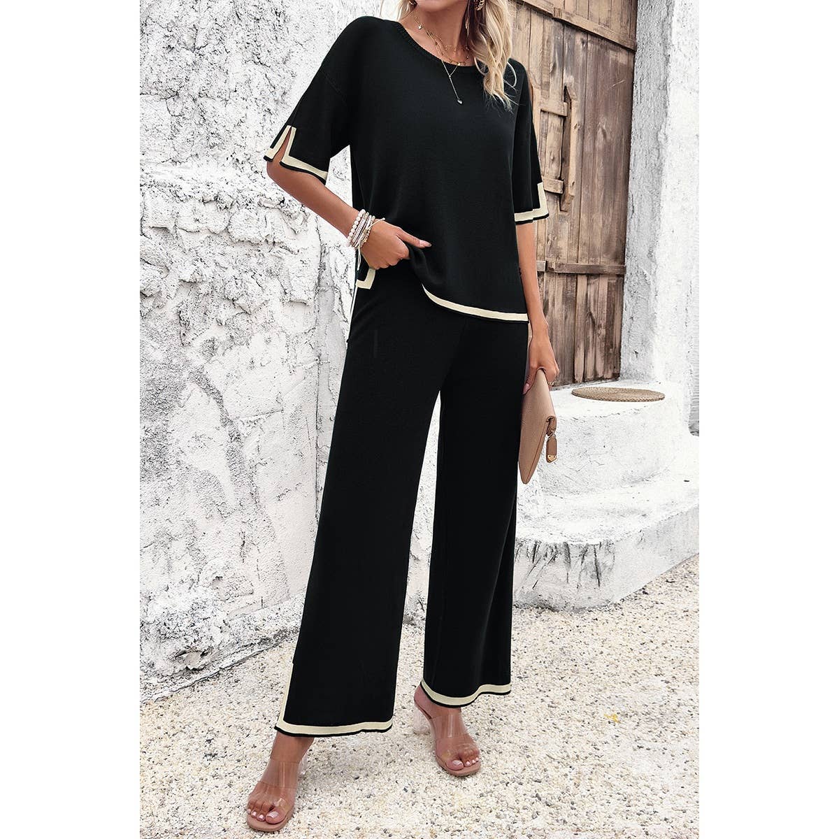 Supreme Fashion - Wholesale Top & Pant Set (NOT Loungewear) - Women's - Two Pieces Outfits Knit Short Sleeve Wide Leg Lounge Sets15
