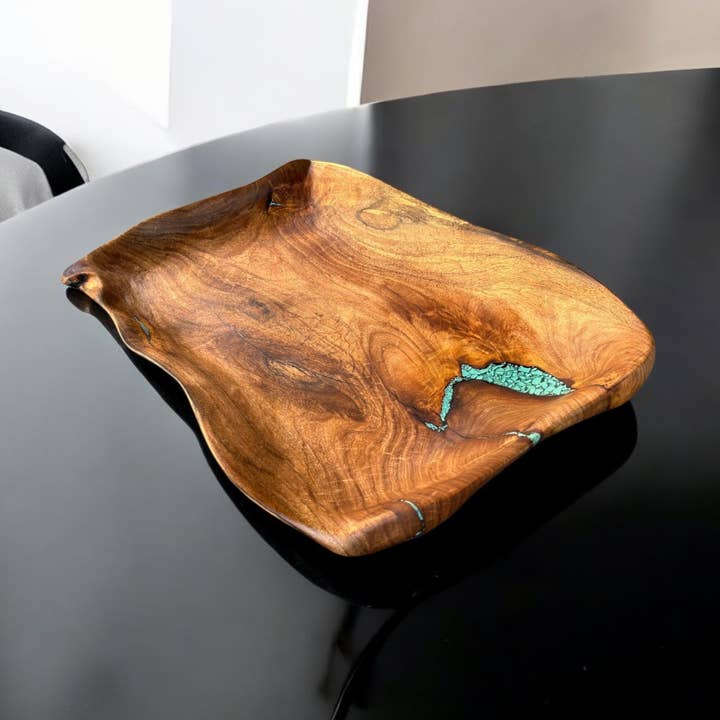 Mesquite Batea indlagt med naturlig Arizona turkis for engroshandel hos Bosqueinlay@gmail.com