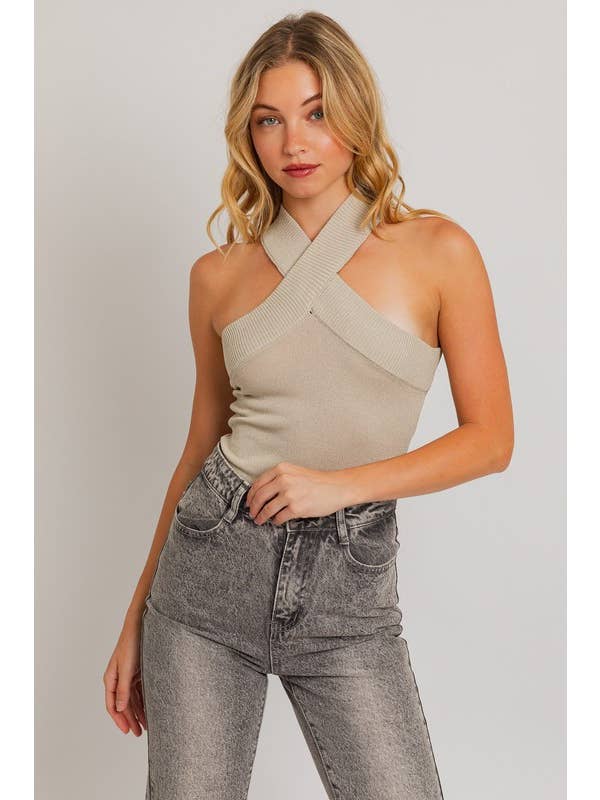 LE LIS - Wholesale Bodysuit - Women's - CRISS CROSS HALTER BAND SWEATER BODYSUIT