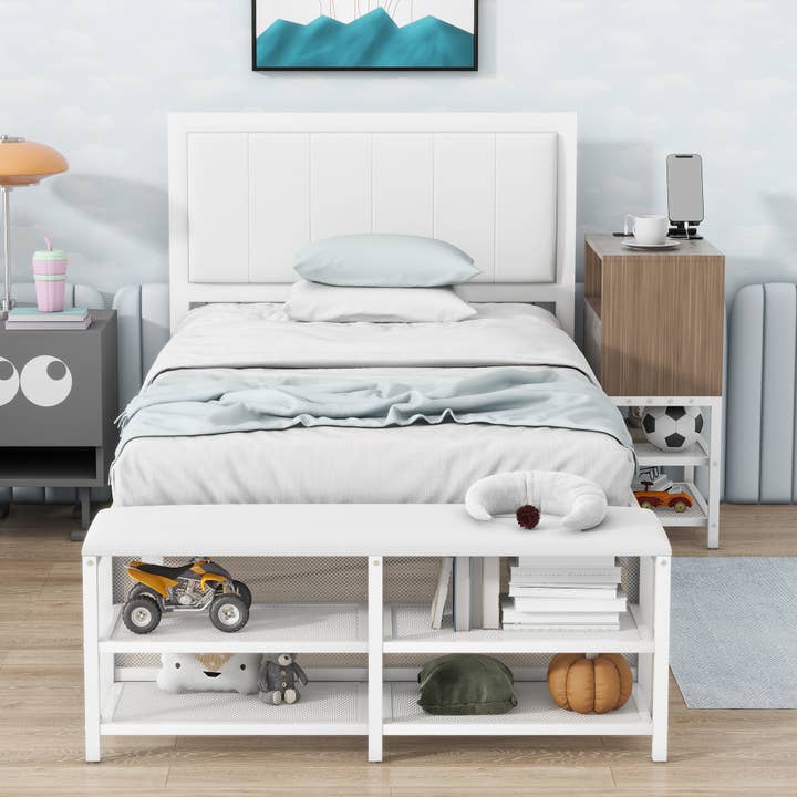 White Twin Metal Platform Bed with Storage Shelves & Cabinet for wholesale on Faire1