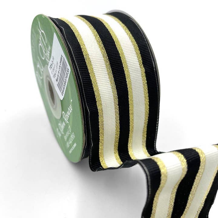 May Arts Ribbon - Wholesale Ribbon - Gift Wrapping - ~2" Black Woven Metallic Gold Stripe Wired Ribbon