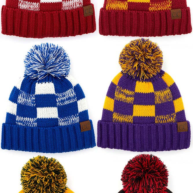 Hana - Wholesale Beanie - Women's - C.C Buffalo Check Team Color Beanie with Pom Winter Beanie