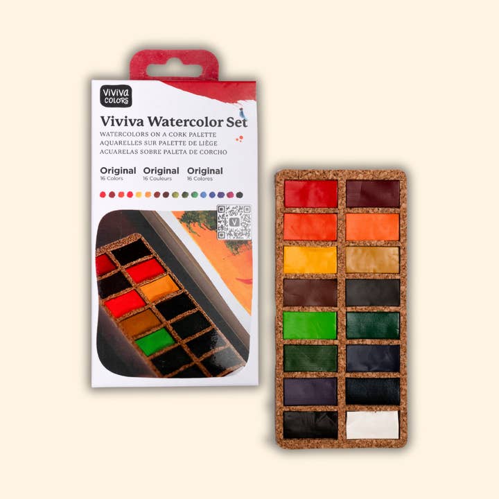 Viviva Colors - Wholesale Watercolour paint - Original Pans Set - 16 watercolors | Ecofriendly | Cork2