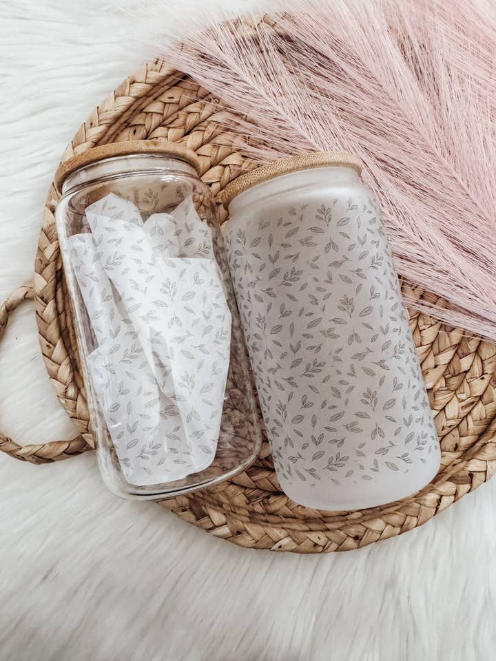 Mini Greenery 16oz Glass Cup with Bamboo Lid for wholesale by Emma K Designs