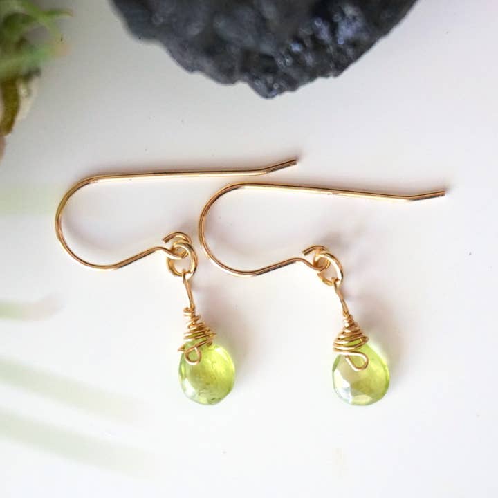 Raw Peridot Earrings, Gold Drop, August Crystal Jewelry for wholesale by Raw Stone Elegance