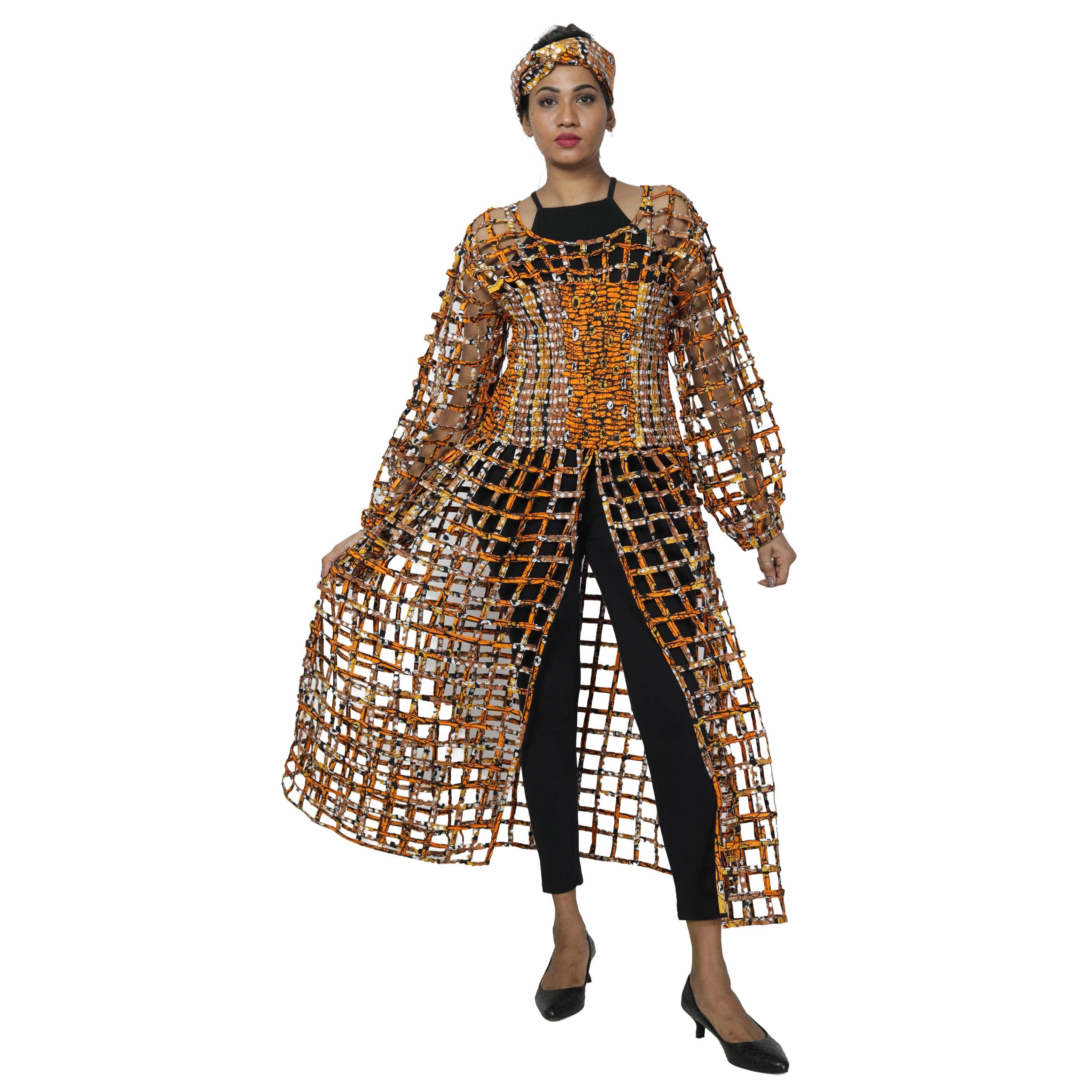 African Stars - Wholesale Dress - Women's - Women's Long Sleeve Smocked Bodice Cage Dress -- FI-ST12215