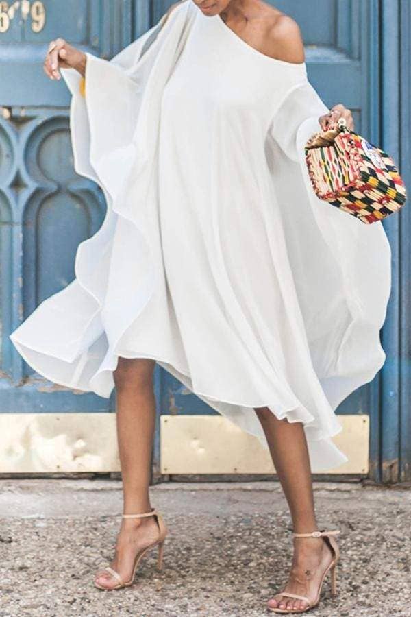 Queen Fashion – Vestido - Mulher por atacado – Vestido Assimétrico de Chiffon com Manga de Morcego e Um Ombro Só até Meio da Perna0