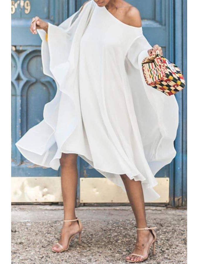 Queen Fashion - Wholesale Dress - Women's - One-Shoulder Bat Sleeve Asymmetrical Chiffon Mid Calf Dress