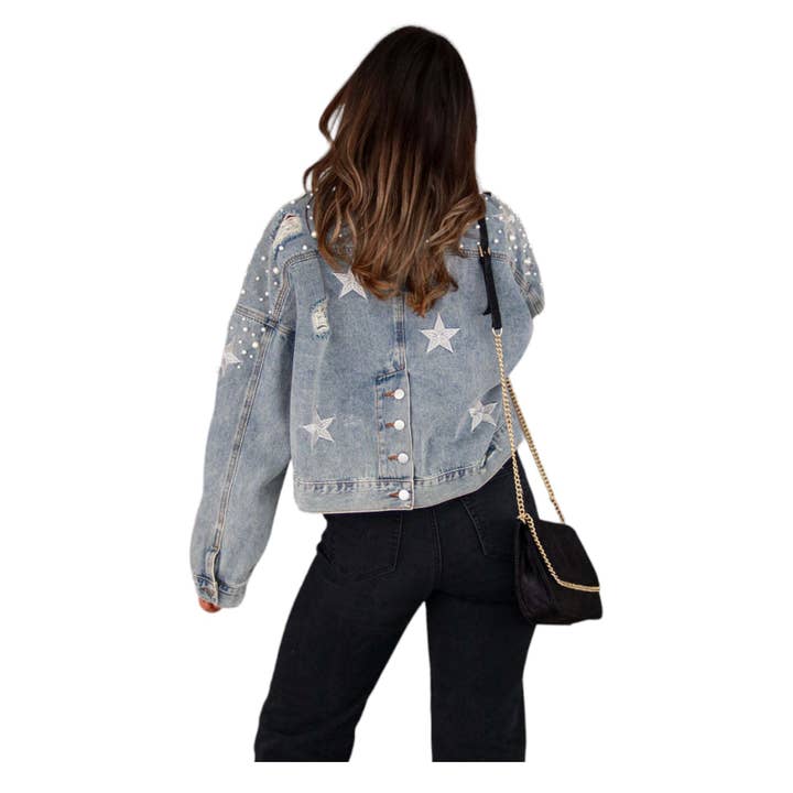 Mapcie - Wholesale Denim Jacket - Women's - STAR DETAIL RIPPED DENIM PEARL JACKET13