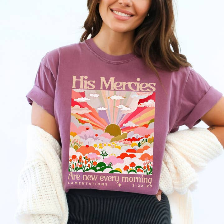 Scripted Pearl - Wholesale Screen Printed T-Shirt - Women's - His Mercies Are New Floral Comfort Colors Christian T Shirt4