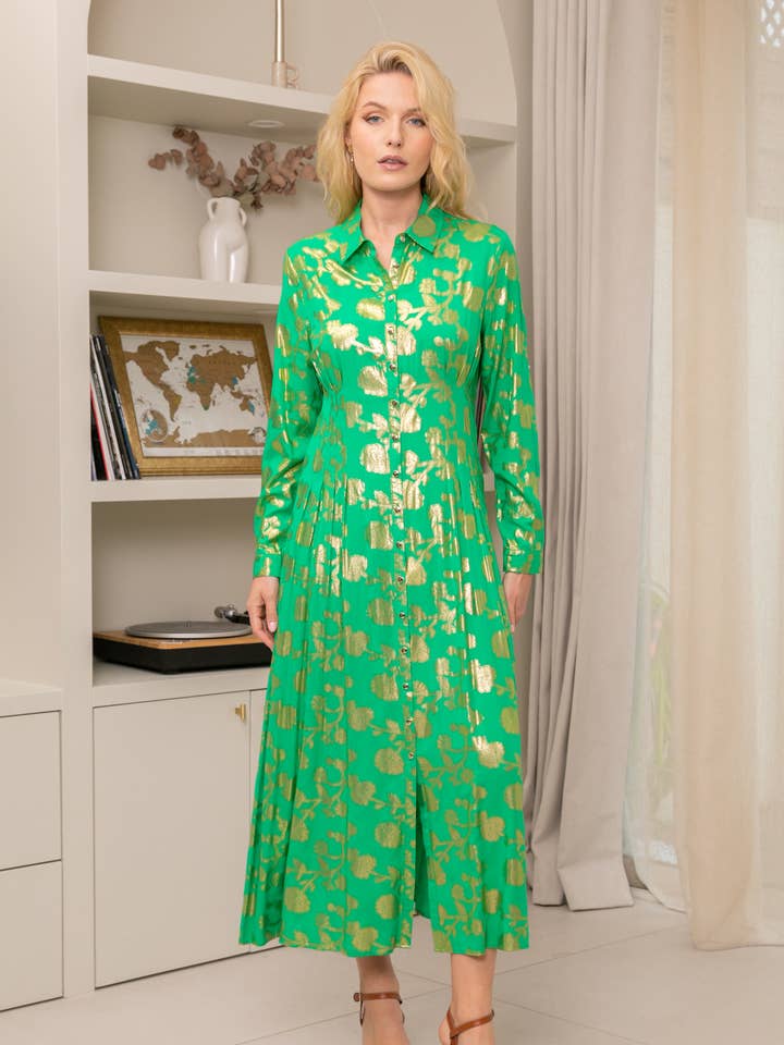 Vestido camisa longo com estampa e efeito dourado, bolso invisível por atacado de last queen