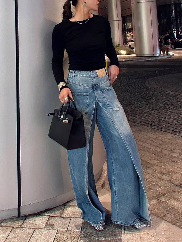 Sheer Trend - Wholesale Jeans - Women's - False Two Wide Leg Pockets Reversible Jean Pants Bottoms9