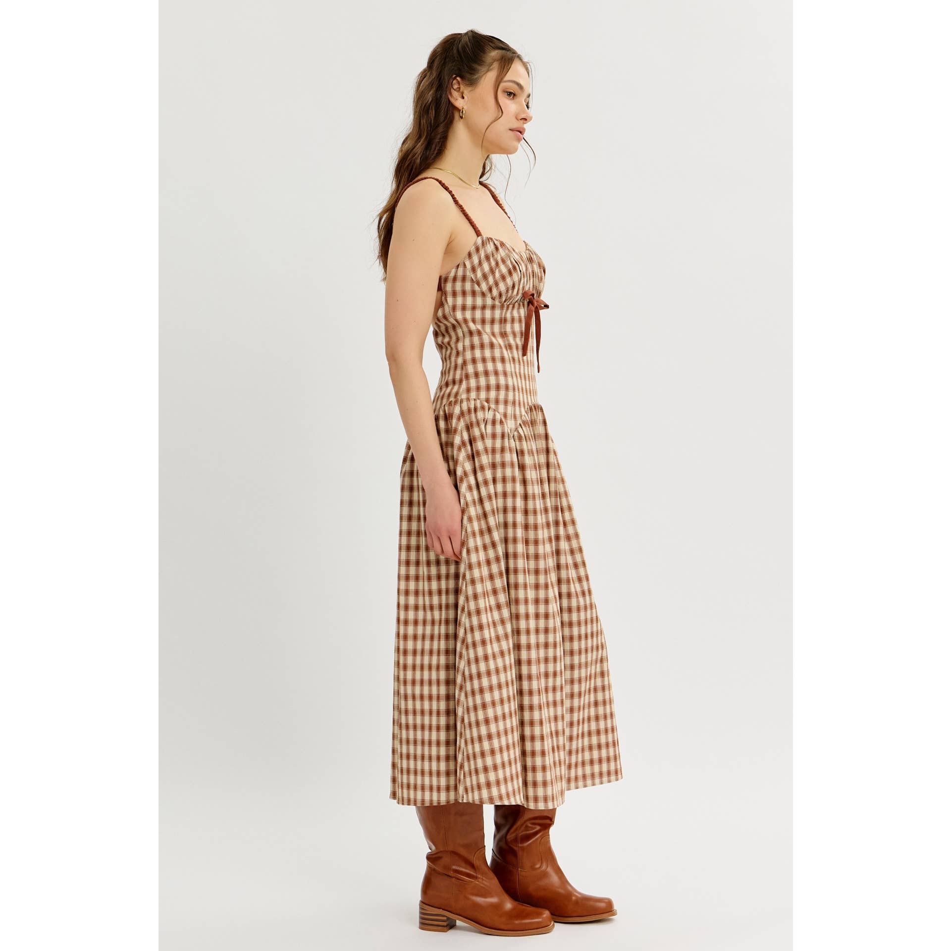 idem ditto - Wholesale Dress - Women's - PLAID MIDI DRESS WITH RUCHED BUST AND OPEN BACK24