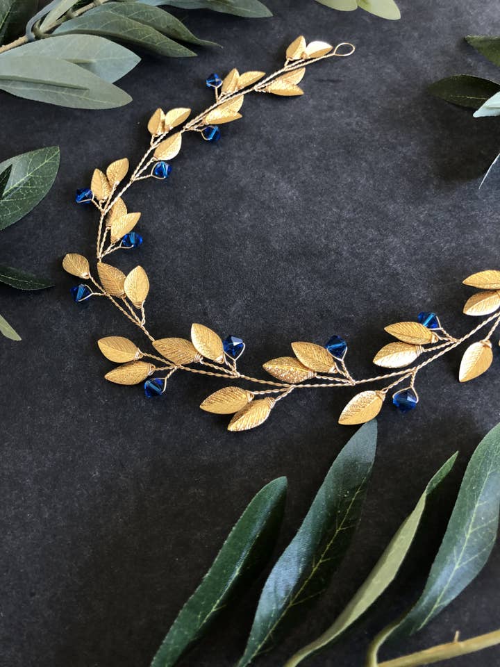 Something Blue Bridal Hair Wreath | GOLD & BLUE Feather Date Night Hair Vine, Festival Braid Vine for wholesale by Sweet Olive Hairpieces
