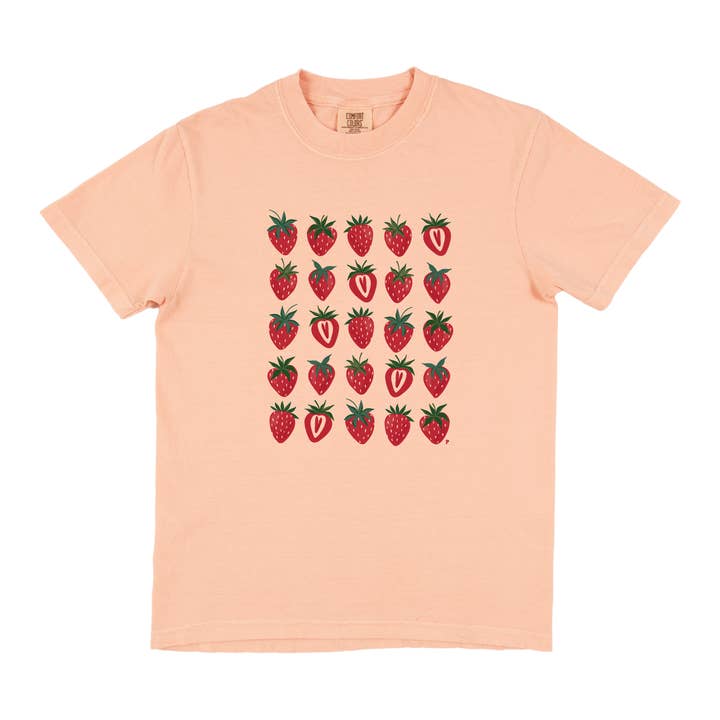 Paper Farm Press - Wholesale Screen Printed T-Shirt - Women's - Strawberry Patch Tee - Peachy Pink2