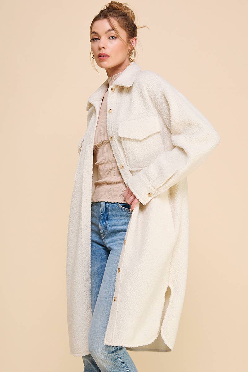 Dusty Rose Long Sherpa Shacket with Pockets for wholesale on Faire7