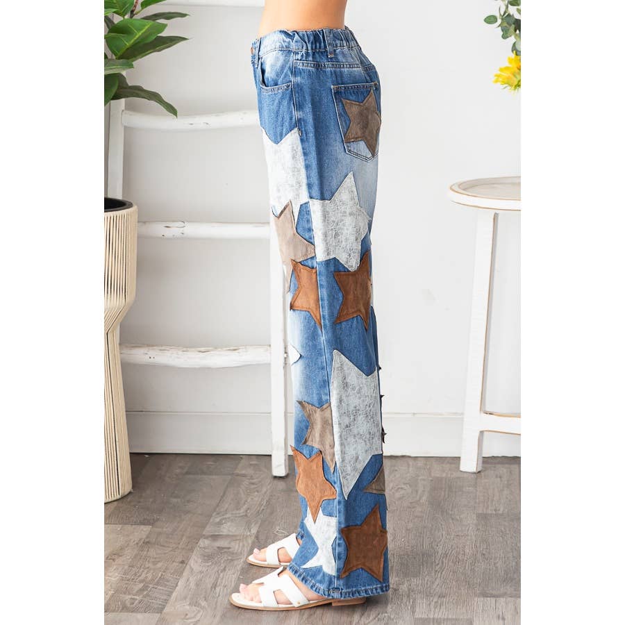 DENIM JEAN EN CUIR PU LAVÉ AVEC ÉTOILE PATCHÉE en vente sur Faire6