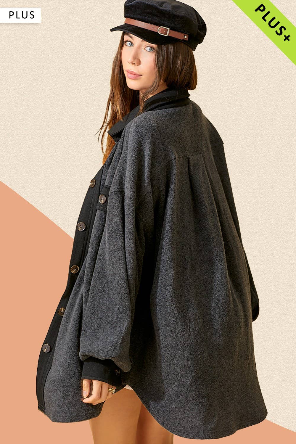 La Miel - Wholesale Shirt Jacket/Shacket - Women's - JKT1712P-Plus Size Loose Fit Button Down Fleece Shacket10