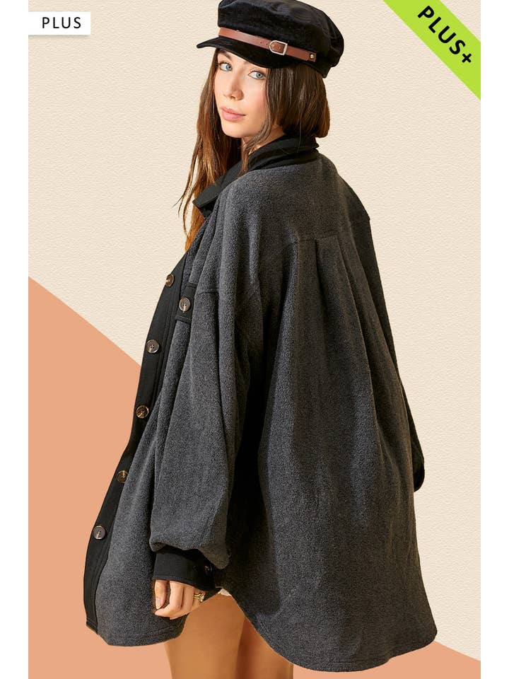 La Miel - Wholesale Shirt Jacket/Shacket - Women's - JKT1712P-Plus Size Loose Fit Button Down Fleece Shacket10