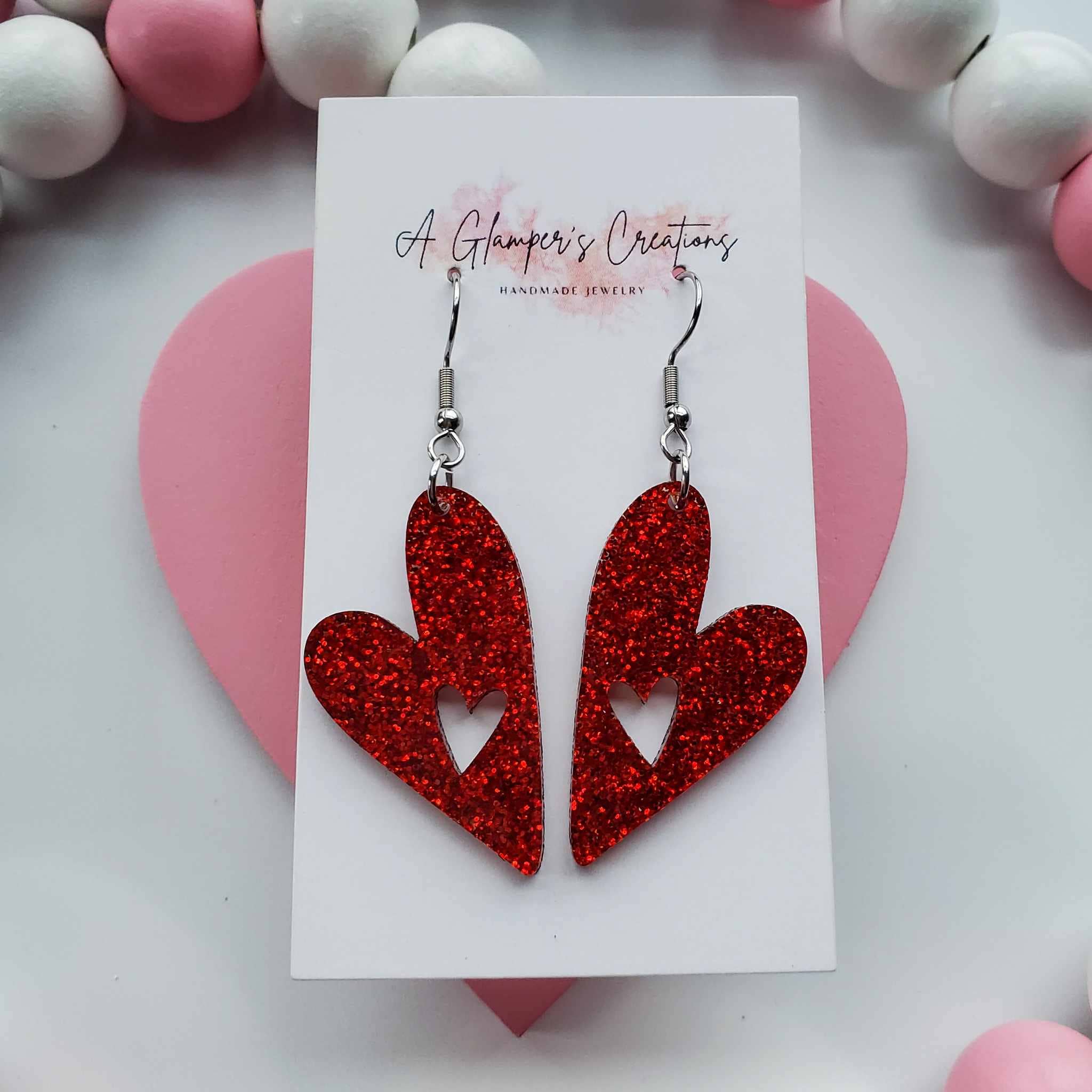 A Glamper's Creations LLC - Wholesale Dangle Earrings - Red Glitter Heart Cutout Valentine's Acrylic Earrings1